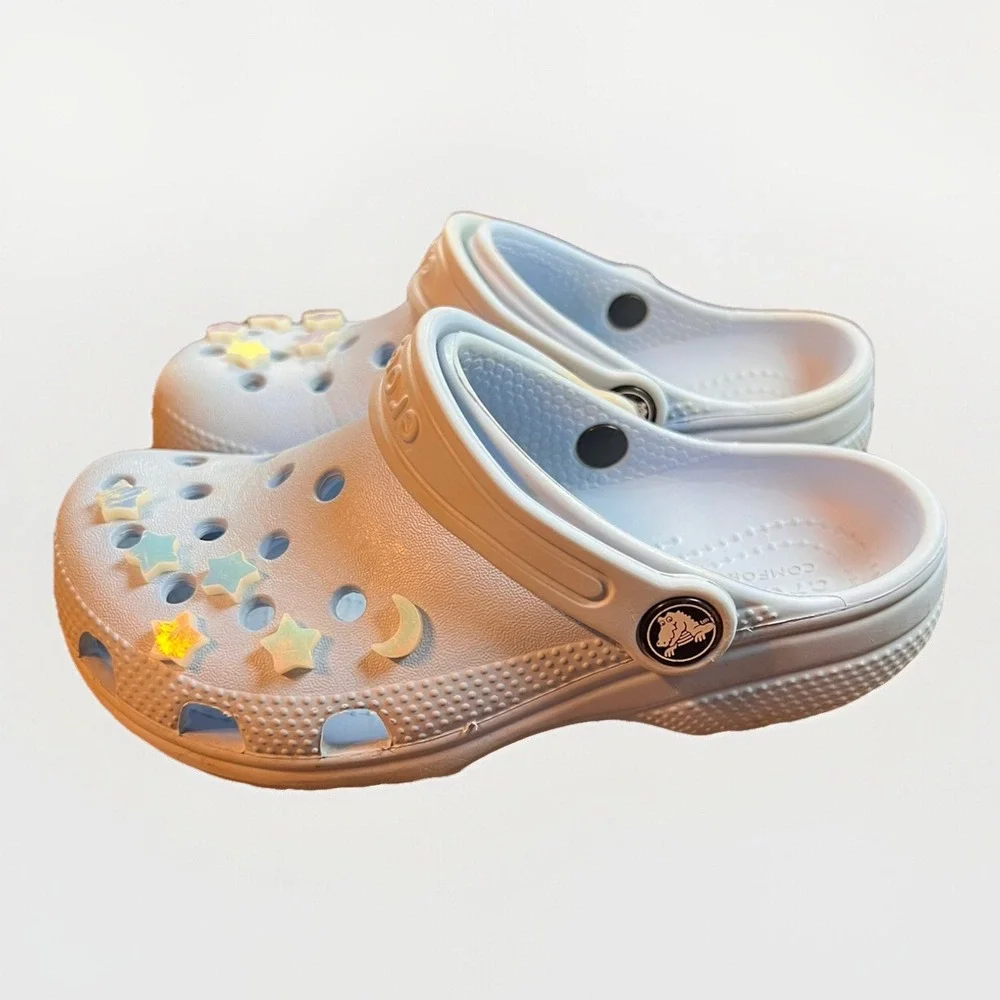 Crocs Classic Clog Kids Size C13 Light Blue‎ White with Star Moon Jibbitz Charms - Picture 3 of 7
